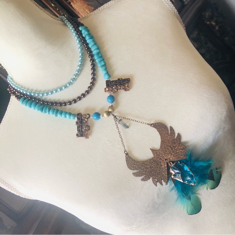 Handcrafted copper eagle Czech Pearl howlite stone clasp necklace